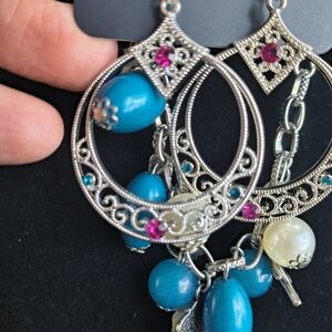 Silver Filigree Hoop Earrings with Turquoise and Pink Accents Boho Bracelet 2 Pc